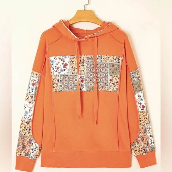 NWT Women’s Floral Patchwork Hoodie with Drawstring Orange Size Large - Picture 1 of 8